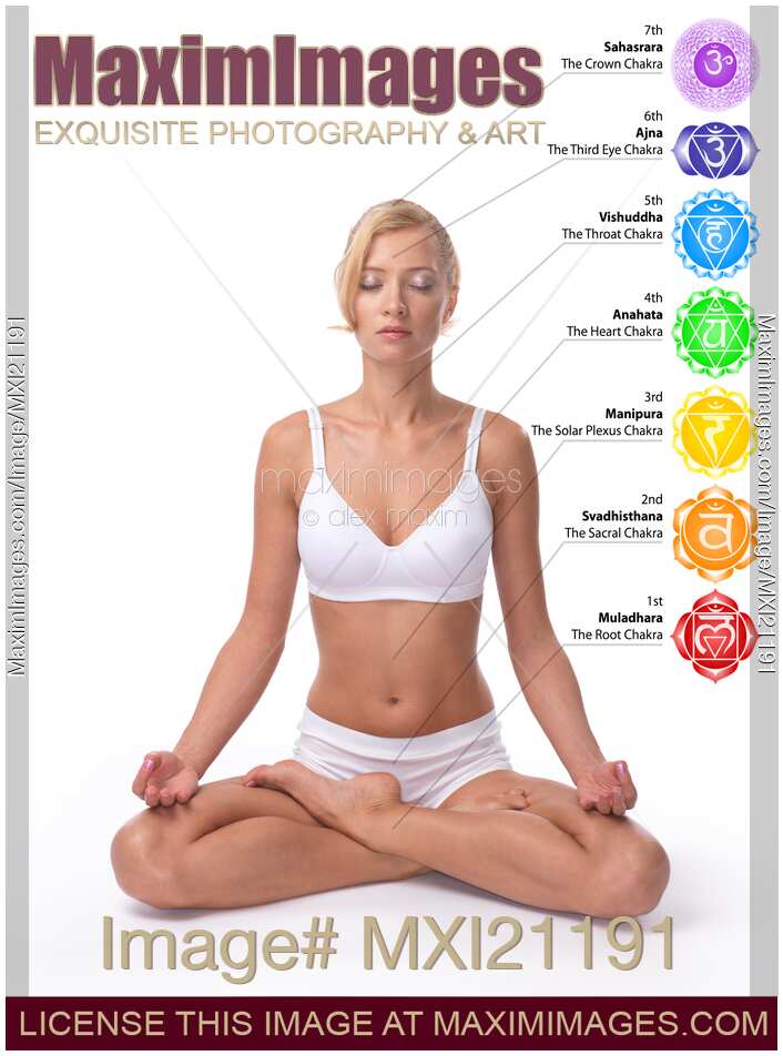 Woman in meditation pose with Seven Chakras chart on her body