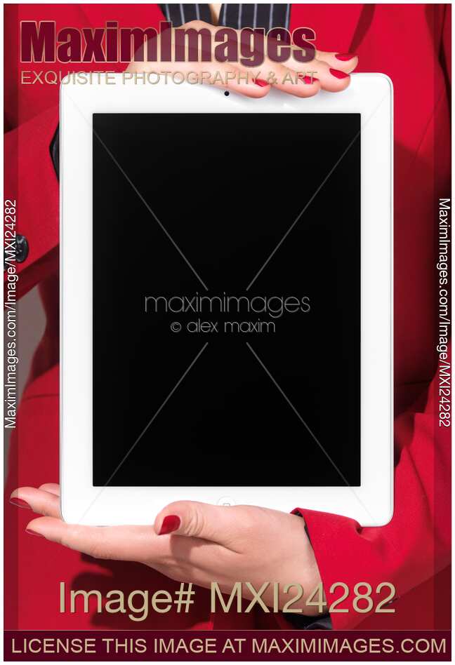 Woman in red business suit holding iPad