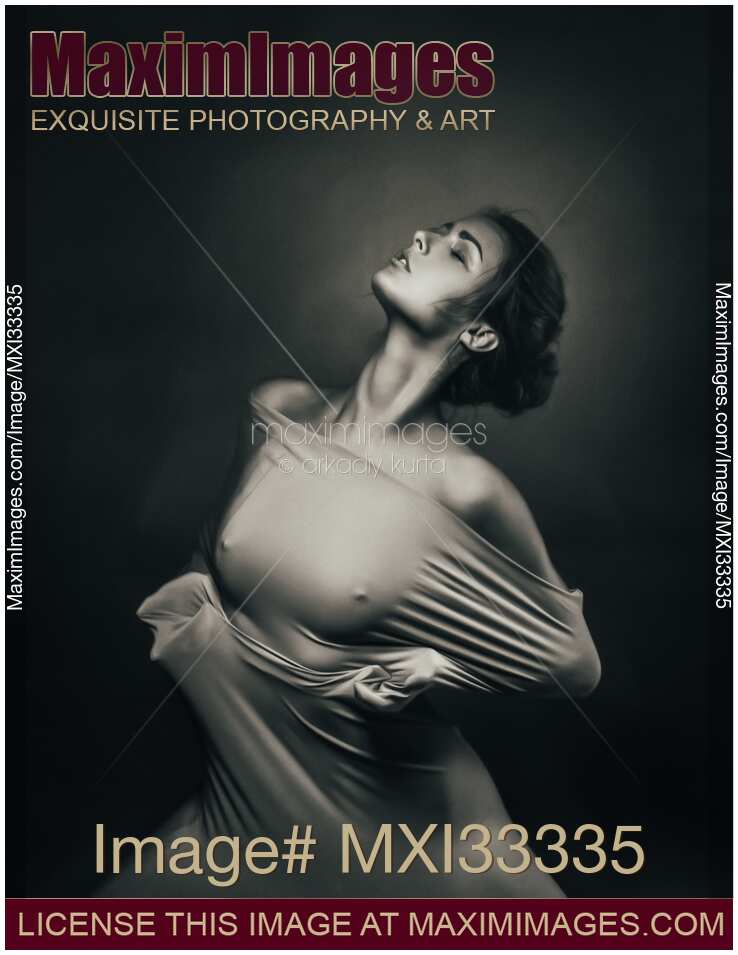 Woman in tight stretchy dress over naked body Black and white art nude dramatic expressive portrait