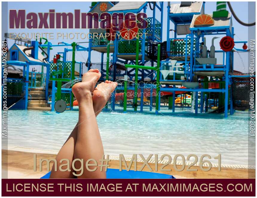 Woman in water park closeup of feet