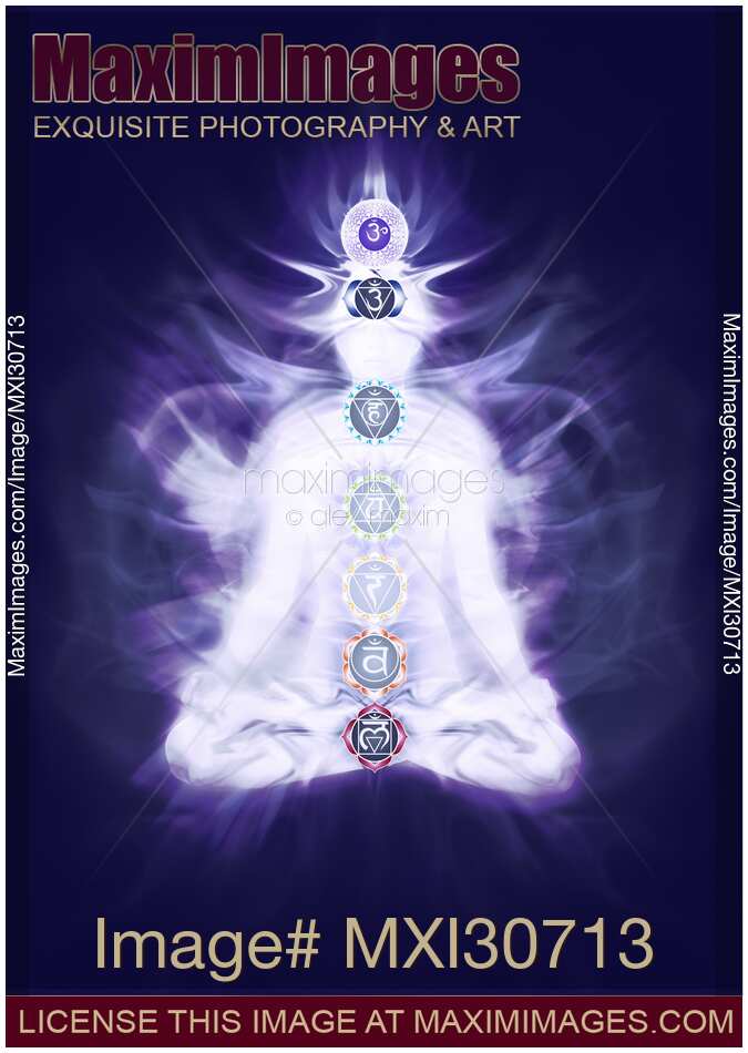 Woman in Yoga meditation pose with colored chakra symbols Qi energy flow around her body