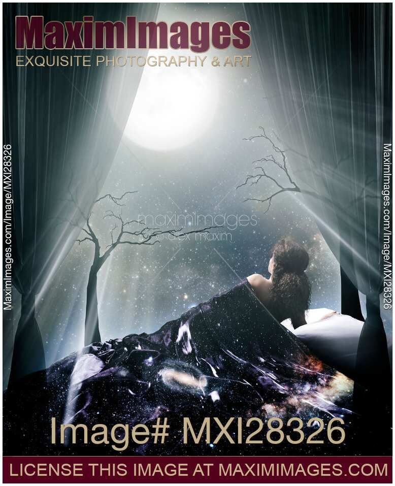 Woman lying in bed under a glowing moon in the night sky