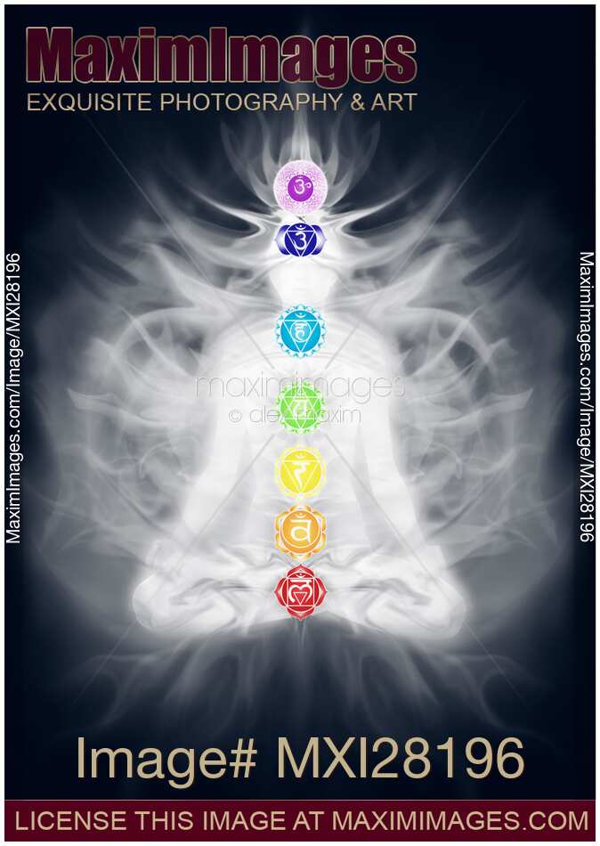 Woman meditating in lotus pose silhouette with Chakras and energy flow