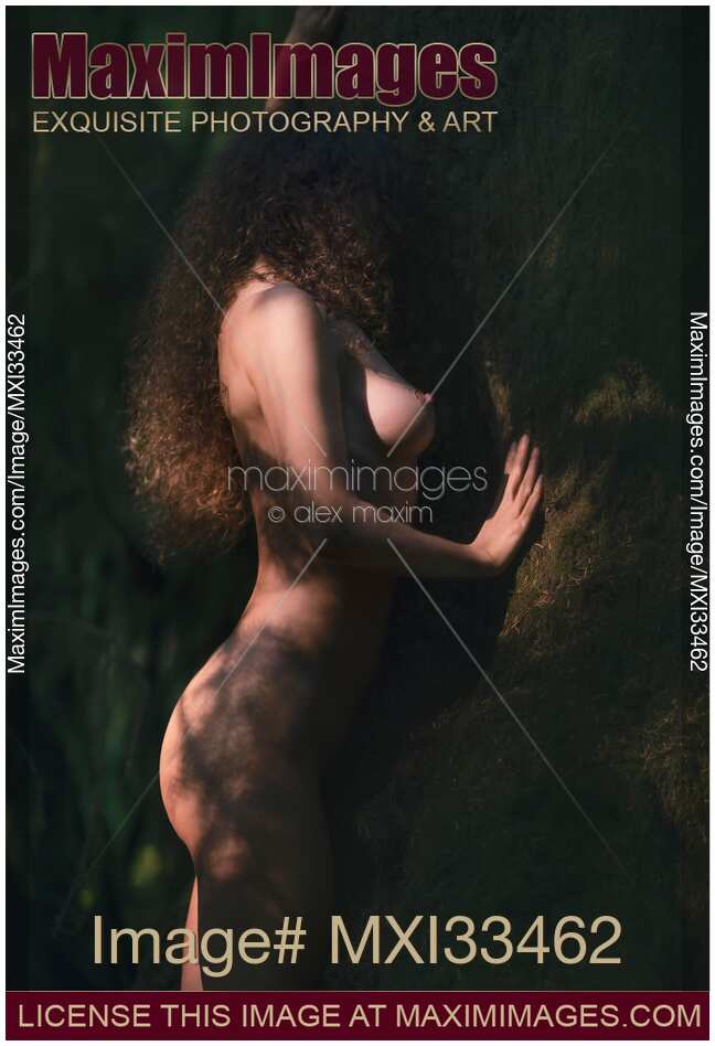 Woman standing naked leaning against a tree in a dark shadowy forest with sunlight on her skin