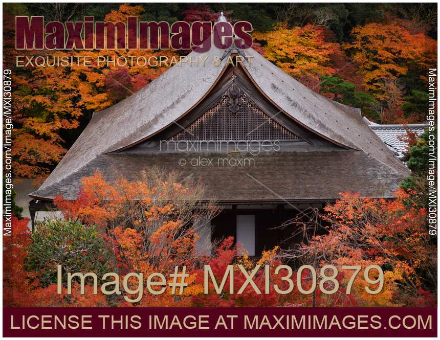 Wooden roof of a traditional Japanese temple hall building at Nanzen-ji complex in Kyoto
