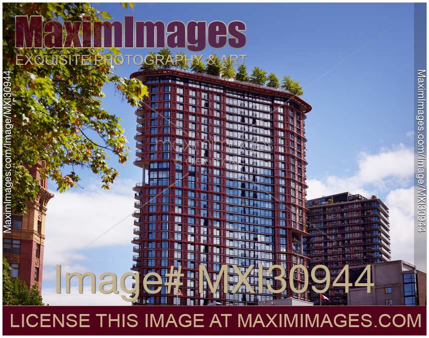 Woodward's Building with trees on the roof in downtown of Vancouver