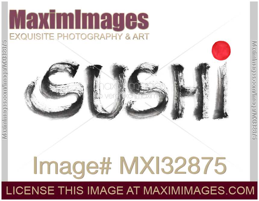 Word Sushi handwritten in black ink brush Japanese calligraphy style with red sun title illustration
