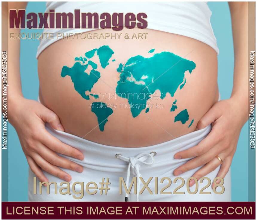 World Map Painted on Pregnant Woman's Belly