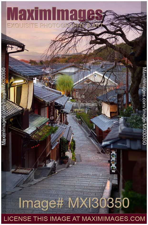 Yasaka dori historic Kyoto street empty and quiet in early morning tranquil scenery