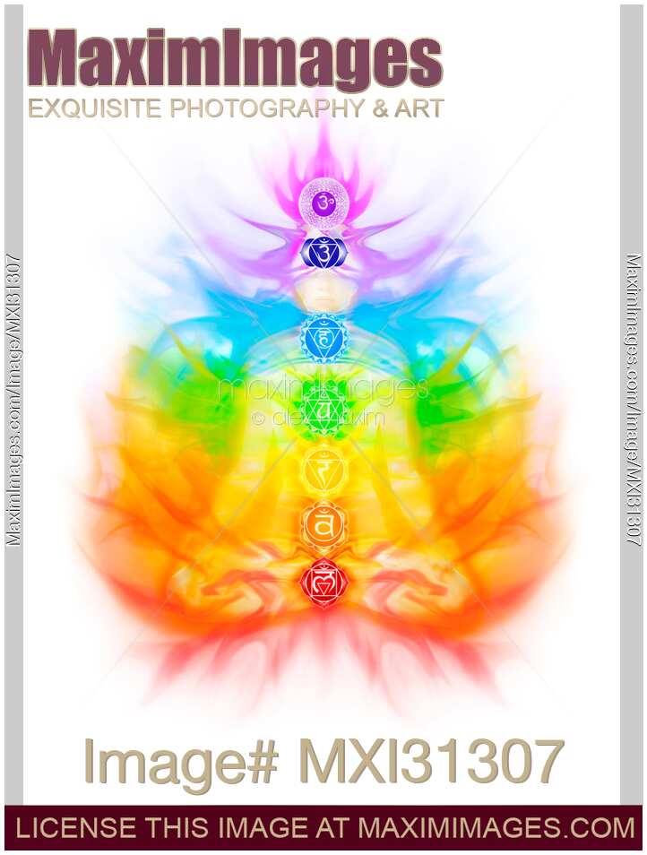 Yoga meditation conceptual illustration with chakras and energy flow on human body