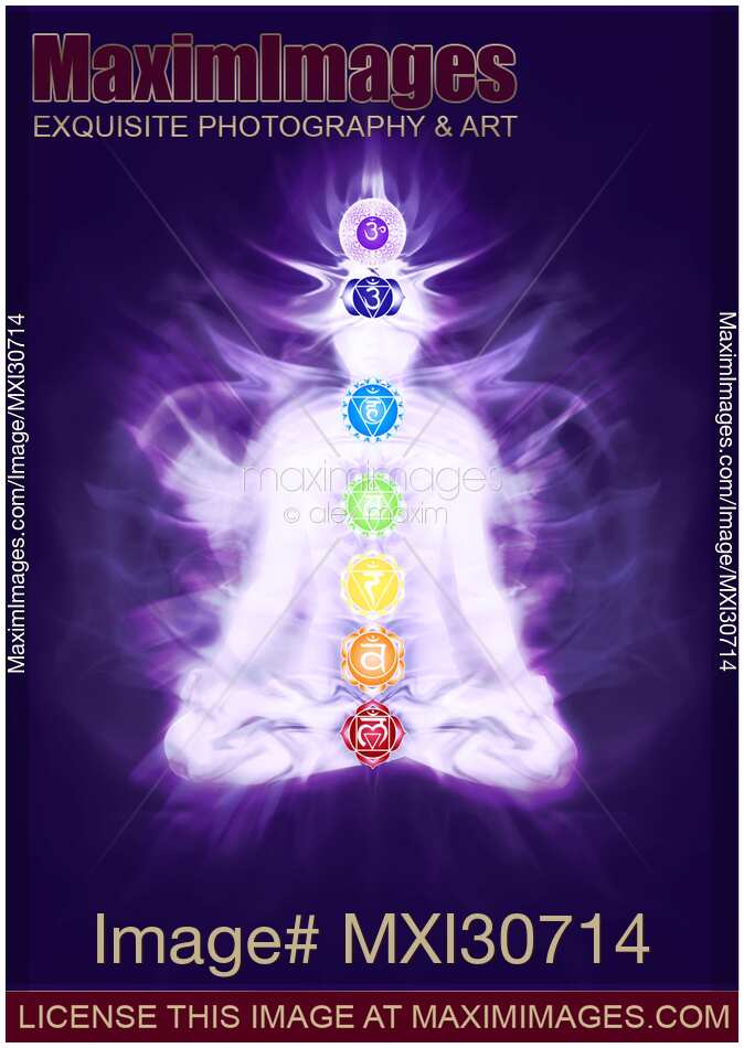 Yoga meditation with Chakras symbols and energy flow on human body in purple colors