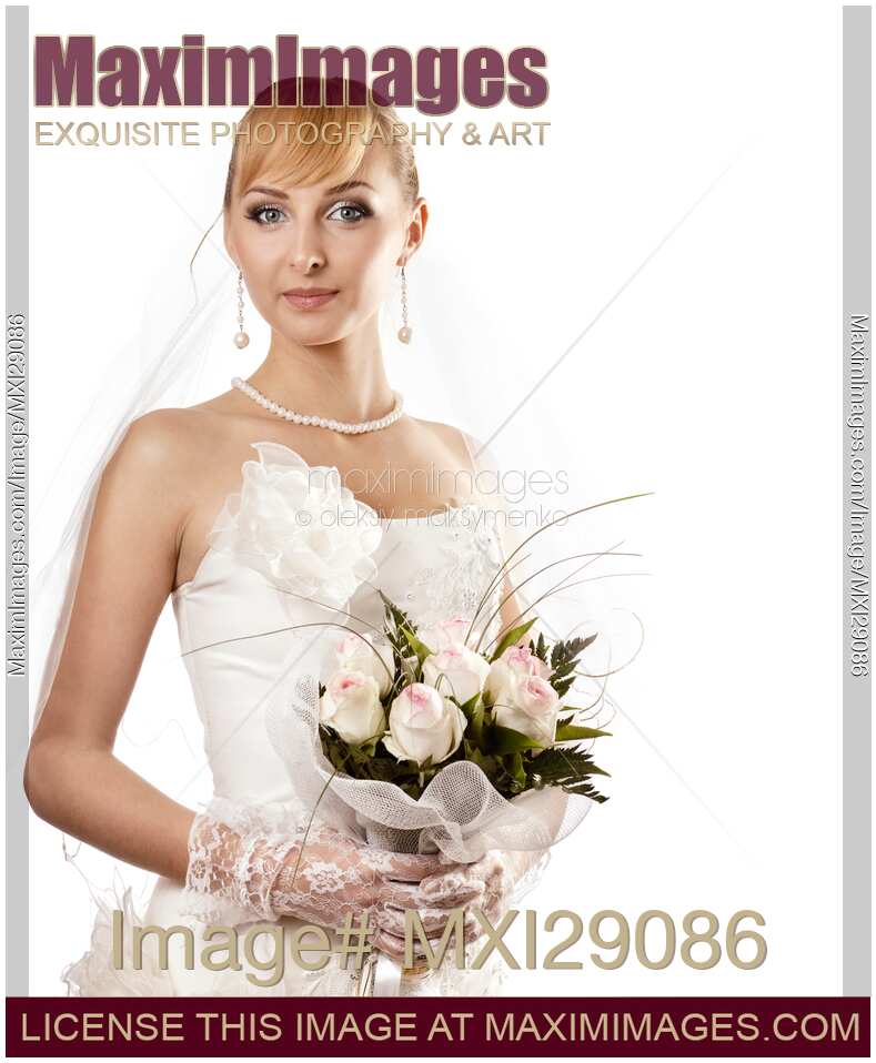 Young Beautiful Smiling Bride with a Bunch of White Roses