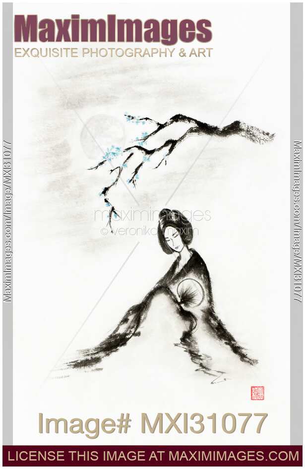 Young geisha sitting under a sakura tree in the light of the full moon