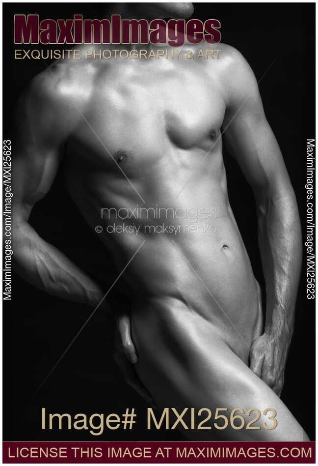 Young nude man slim fit body black and white