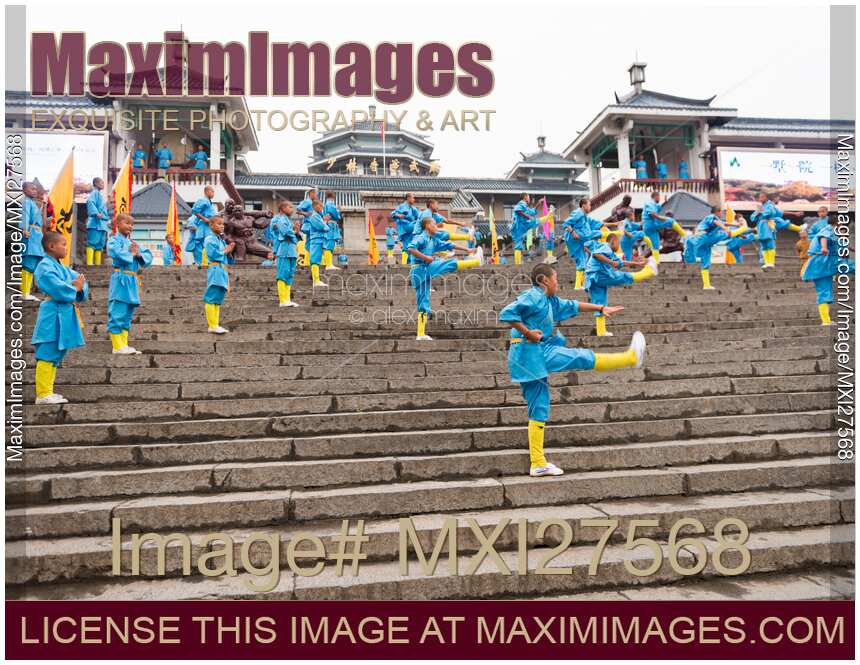 Young Shaolin students performing Kung Fu on the steps of their martial arts school in China
