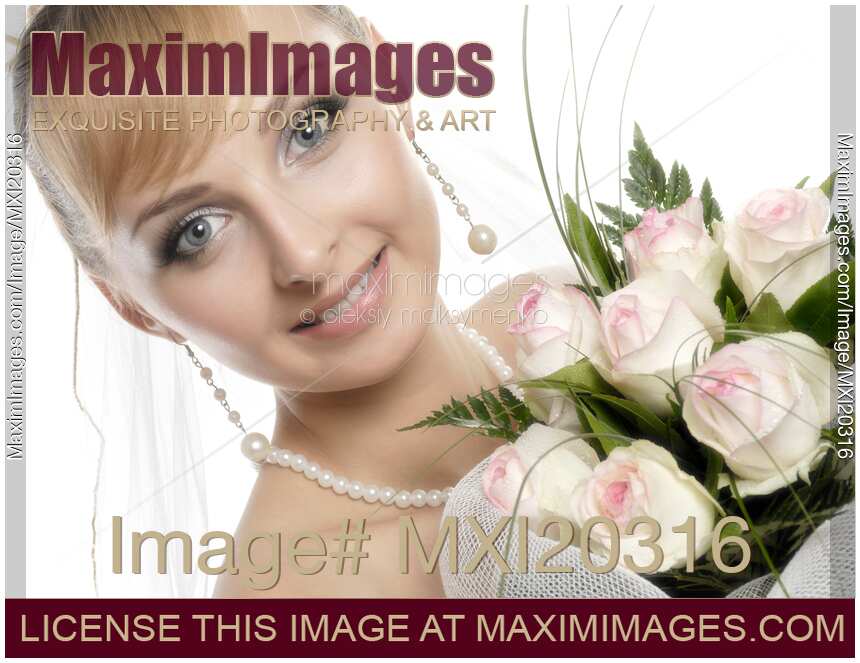 Young Smiling Woman with Bunch of White Roses