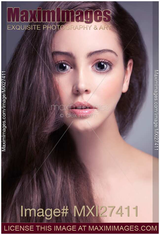 Young woman anime style beauty portrait with beautiful large gray eyes