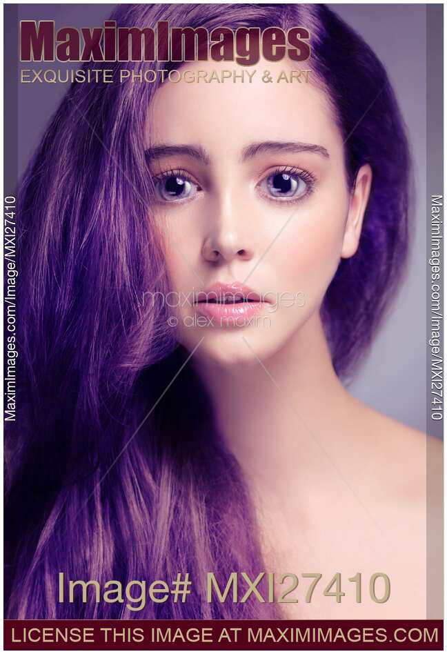 Young woman anime style beauty portrait with large eyes and purple hair