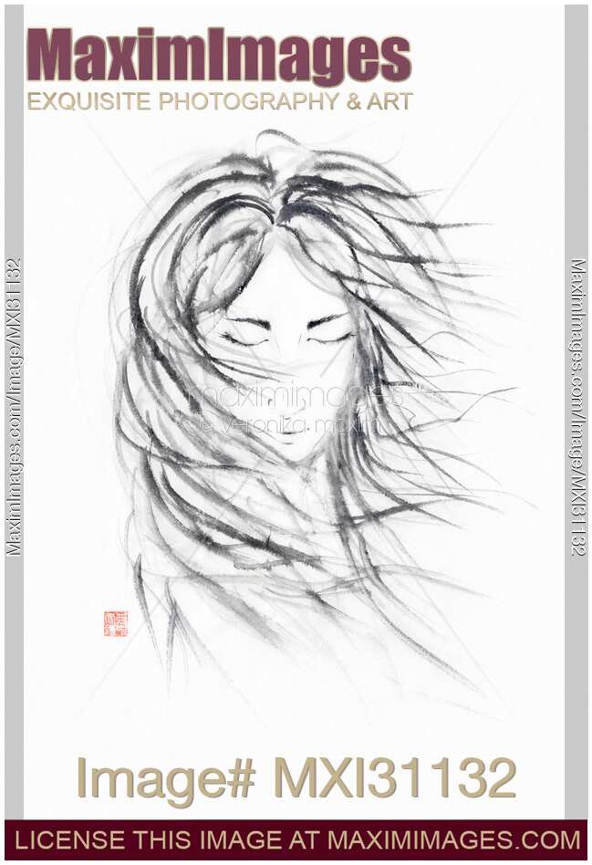 Young woman face with long wild hair in the wind black and white panted portrait