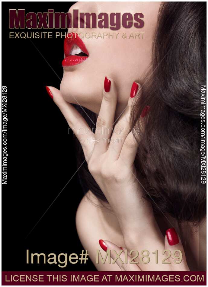 Young woman with red lipstick sensual closeup of mouth