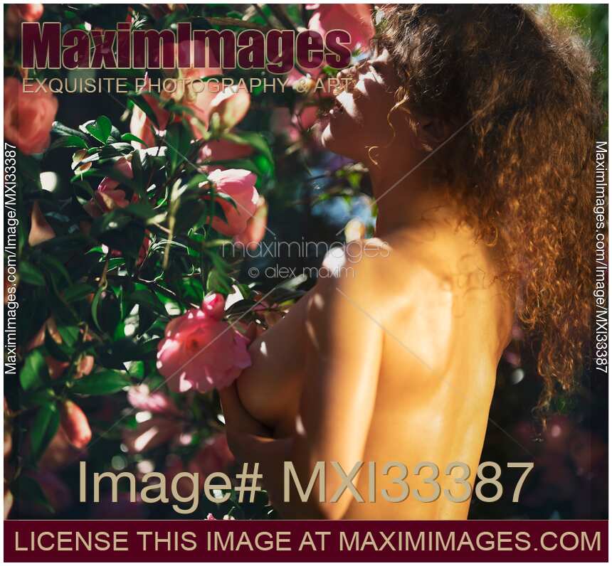 Young woman with sexy sun tanned body standing naked covering her breast by a camellia tree with pink flowers
