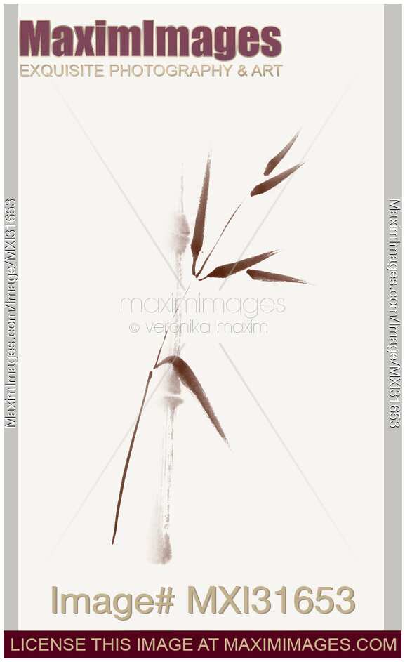 Zen design of a single brown bamboo stalk and a branch with leaves on beige