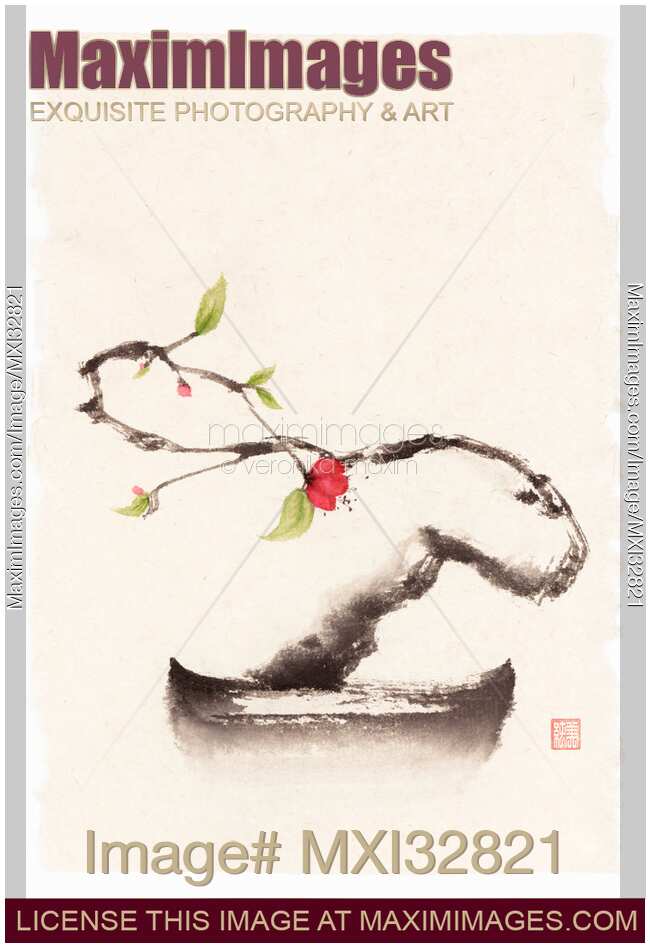 Zen fine art sumi-e painting of a dreamy bonsai sakura tree with a single red blossom