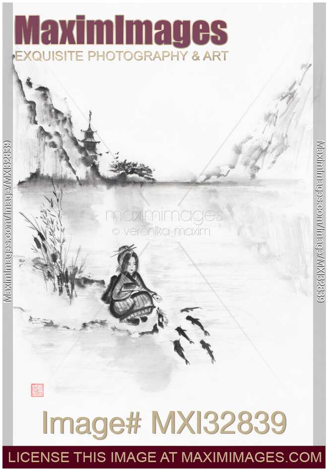 Zen ink painting of a Japanese peasant girl by the pond feeding catfish