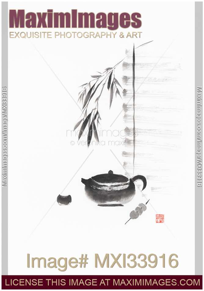 Zen style sumi-e ink painting of a teapot with a cup and mochi black on white illustration