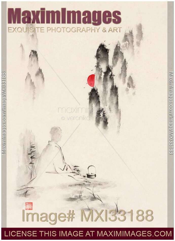 Zen sumi-e artwork of a monk meditating during the sunset in misty mountain nature scenery with a teapot by his side