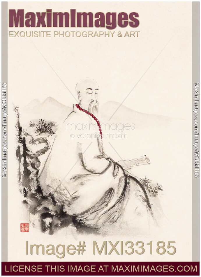 Zen sumi-e artwork of an old asian scholar monk meditating with a scroll in his hand