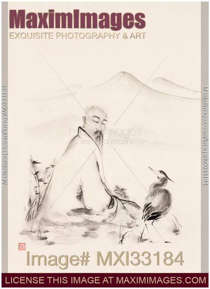 Zen Sumi-e artwork of an old sage and a heron conversing by the lake