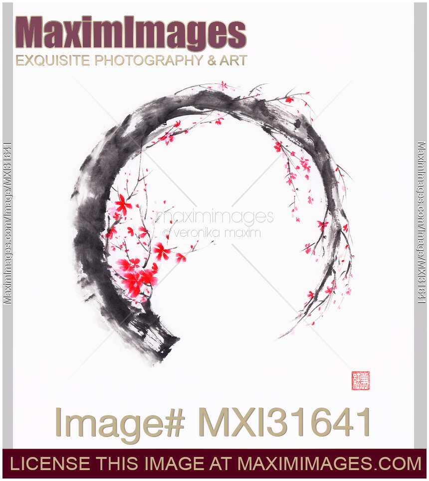 Zen sumi-e conceptual painting of Enso ring as a pink cherry blossom branch