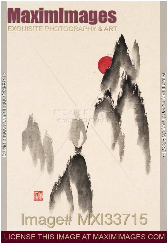 Zen sumi-e ink painting of a young Buddhist monk on top of a mountain with a distant torii gate ahead