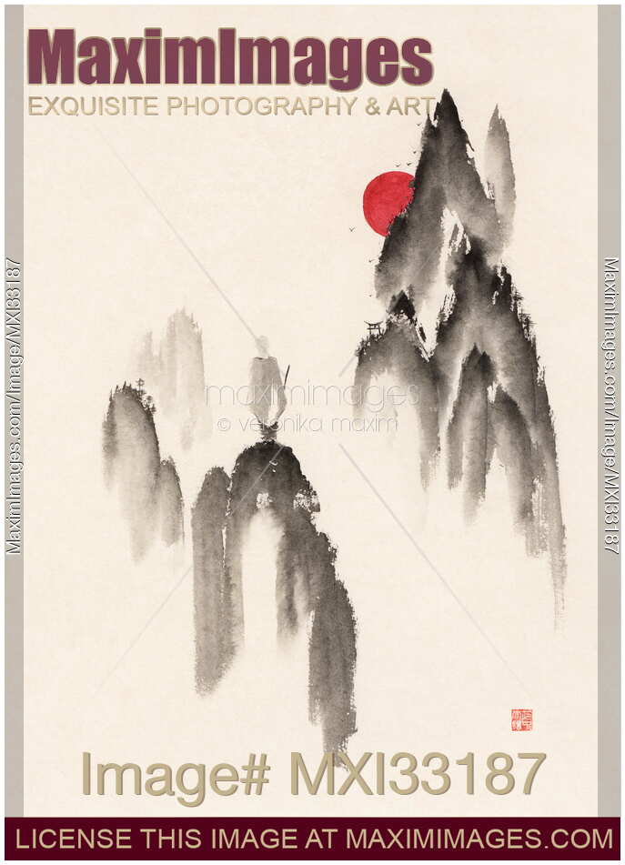 Zen sumi-e ink painting of a young Buddhist monk on top of misty mountains with distant temple ahead