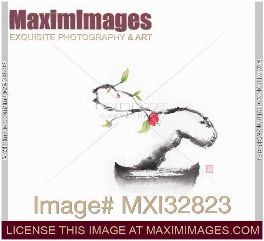 Zen sumi-e painting of a dreamy bonsai sakura tree with a red flower