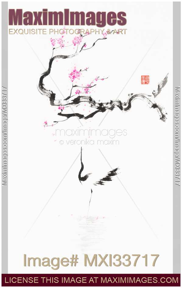Zen sumi-e painting of a heron standing in a lake under a blossoming cherry tree
