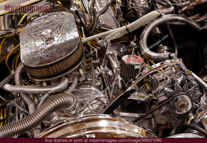 Stock photo of Custom Car Chromed Engine Buy commercial use license at MaximImages