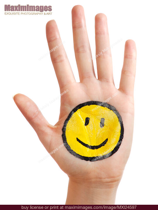 Stock photo of Hand with a Smiley Face Painted on it Buy commercial use license at MaximImages