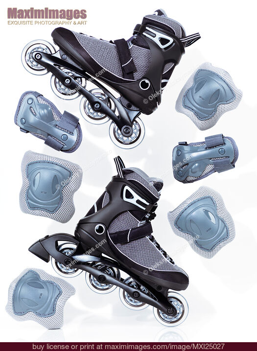 Stock photo of Inline skates and protective gear still life Buy commercial use license at MaximImages