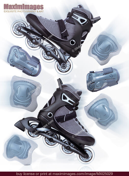 Stock photo of Inline skates and protective gear dynamic still life Buy commercial use license at MaximImages