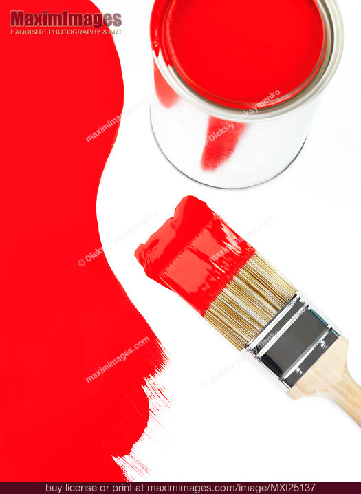 Can of red paint and a brush. Stock Photo MXI25137