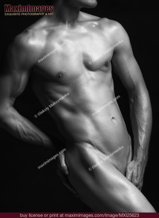Stock photo of Young nude man slim fit body black and white Buy commercial use license at MaximImages