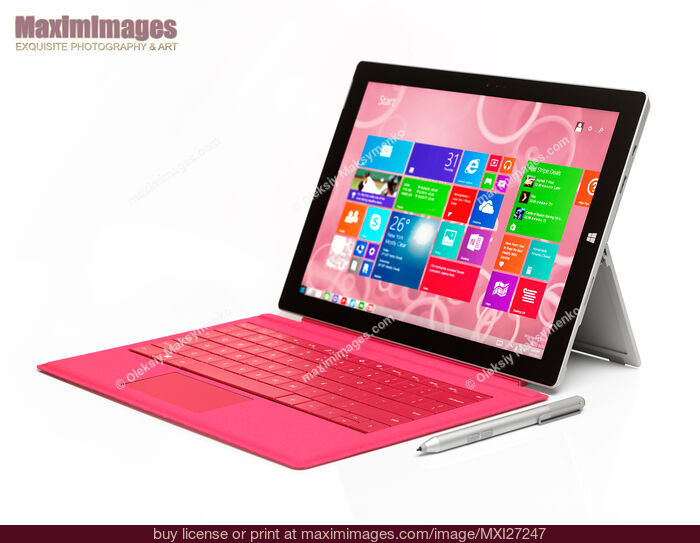 Stock photo of Microsoft Surface Pro 3 tablet with pink keyboard Buy commercial use license at MaximImages