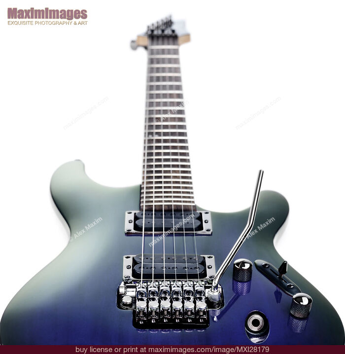 Stock photo of Blue Ibanez electric guitar isolated on white Buy commercial use license at MaximImages