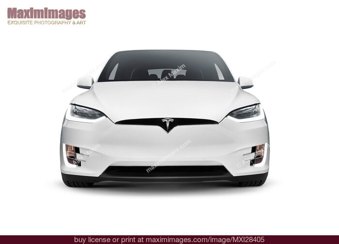 Stock photo of White 2017 Tesla Model X luxury SUV electric car front isolated Buy commercial use license at MaximImages
