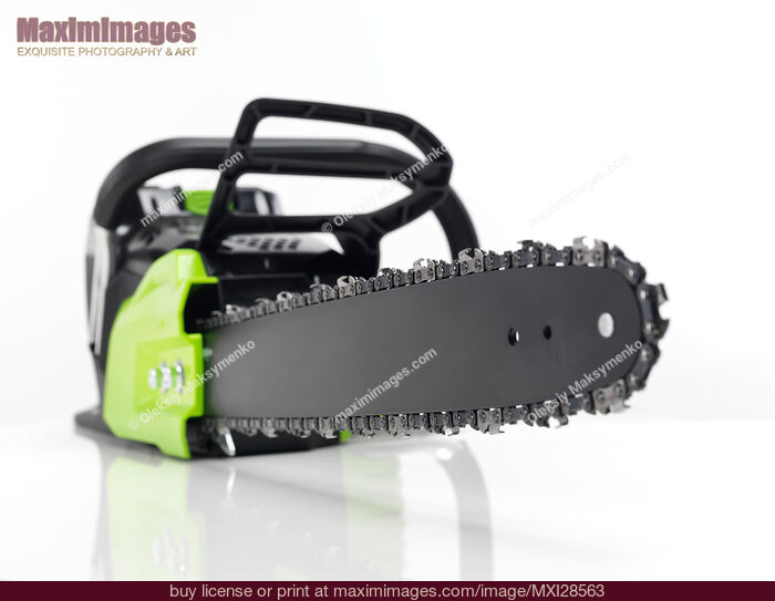 Stock photo of Electric Cordless Chainsaw on white Buy commercial use license at MaximImages