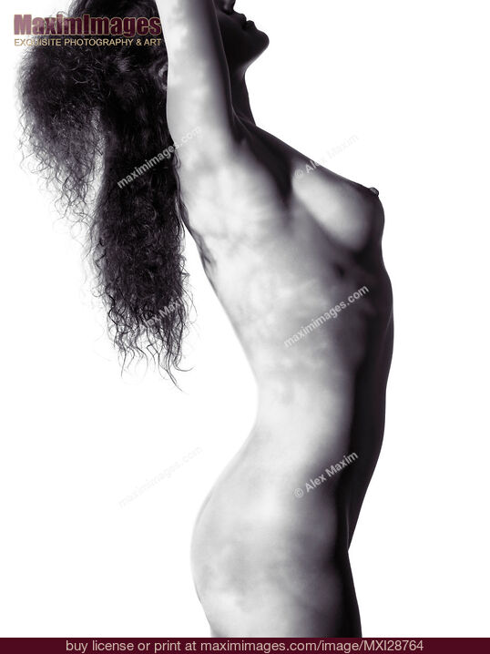 Stock photo of Nude woman body with light pattern of leaves on her skin Buy commercial use license at MaximImages