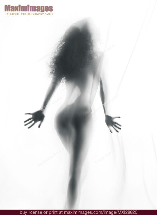 Stock photo of Abstract sensual woman silhouette behind white sheer curtain Buy commercial use license at MaximImages