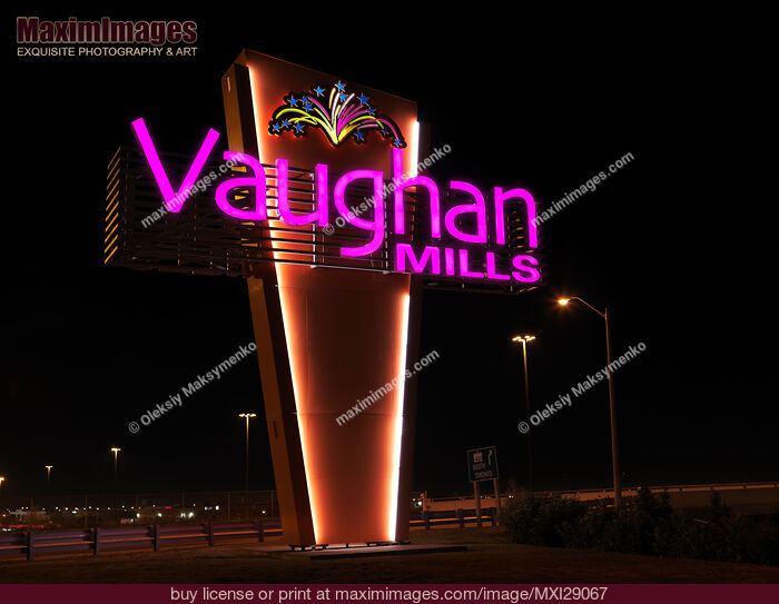 Stock photo of Vaughan Mills Neon Sign Buy commercial use license at MaximImages